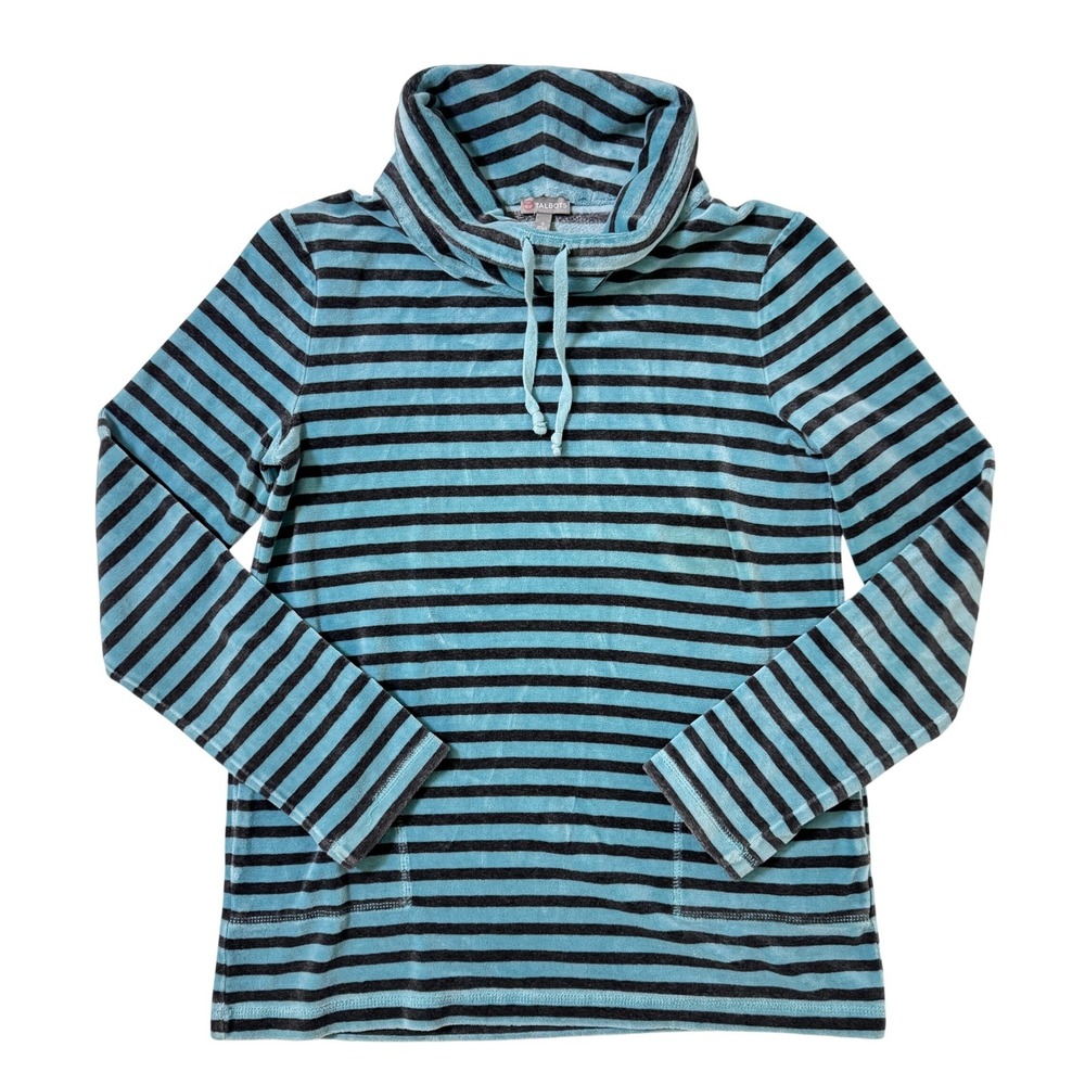 Talbots Pullover Tunic Top Size S Blue Black Striped Cowl Neck Velour Pockets